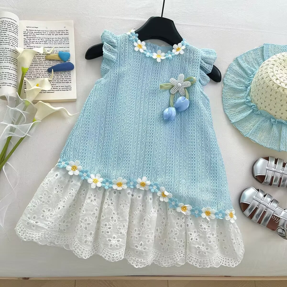 Sky Blue Daisy Trim Eyelet Hem Frock – TYM-YWL-037