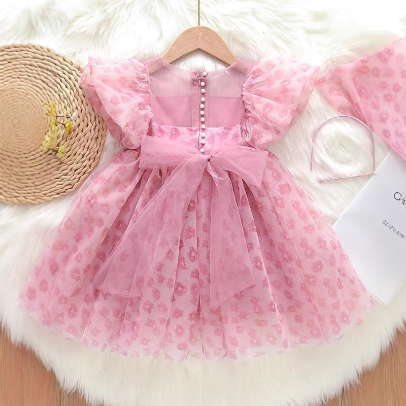 Pink Flocked Flower Tulle Party Frock – TYM-YWL-062