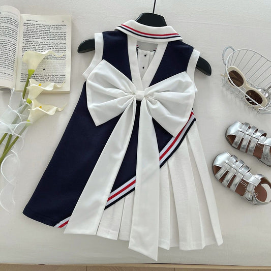 Navy and White Pleated Big Bow Frock – TYM-YWL-024