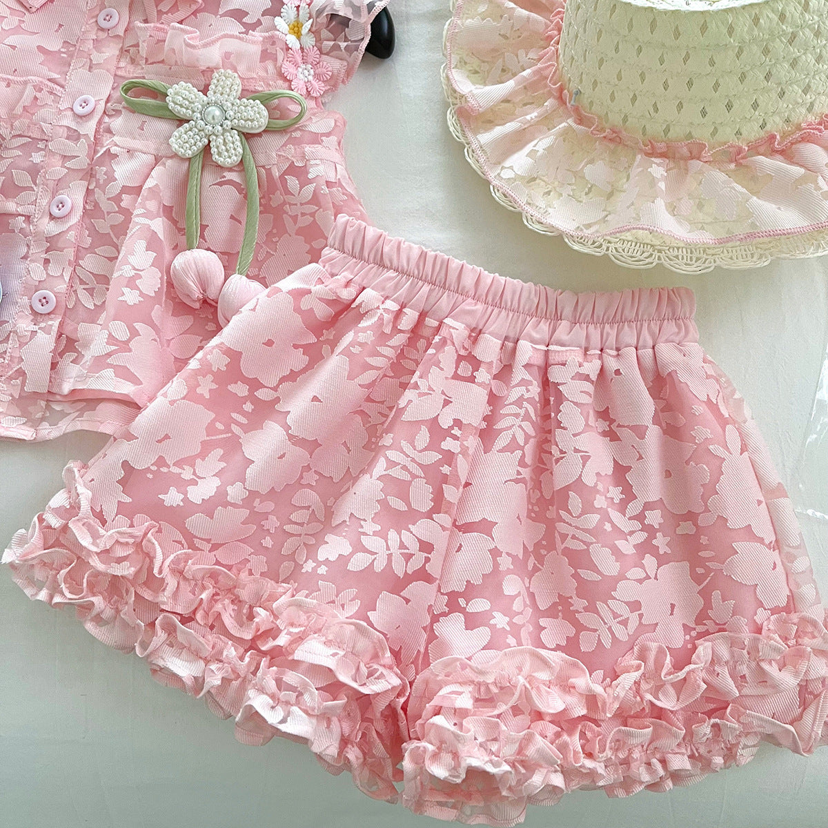 Pink Floral Jacquard Top & Ruffle Shorts Set – TYM-WOP-002