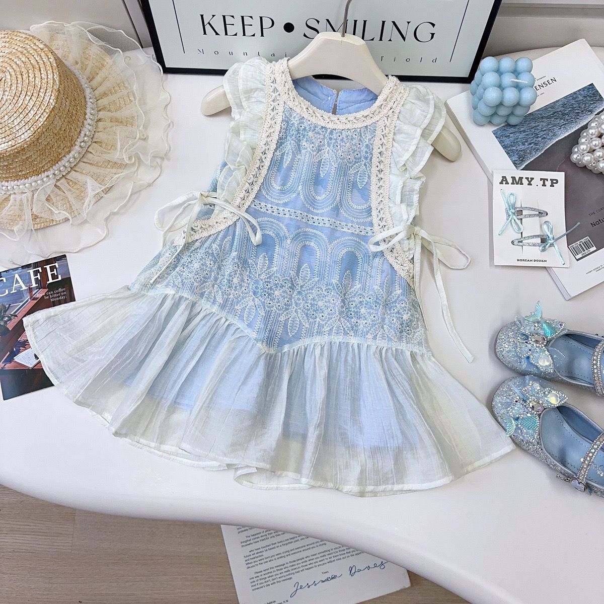 Blue Embroidered Dress with White Sheer Overlay – TYM-YWL-035