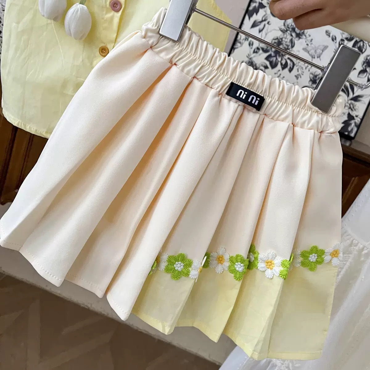 Lemon Yellow Daisy Trim Shirt and Pleated Skirt Set – TYM-YWL-044