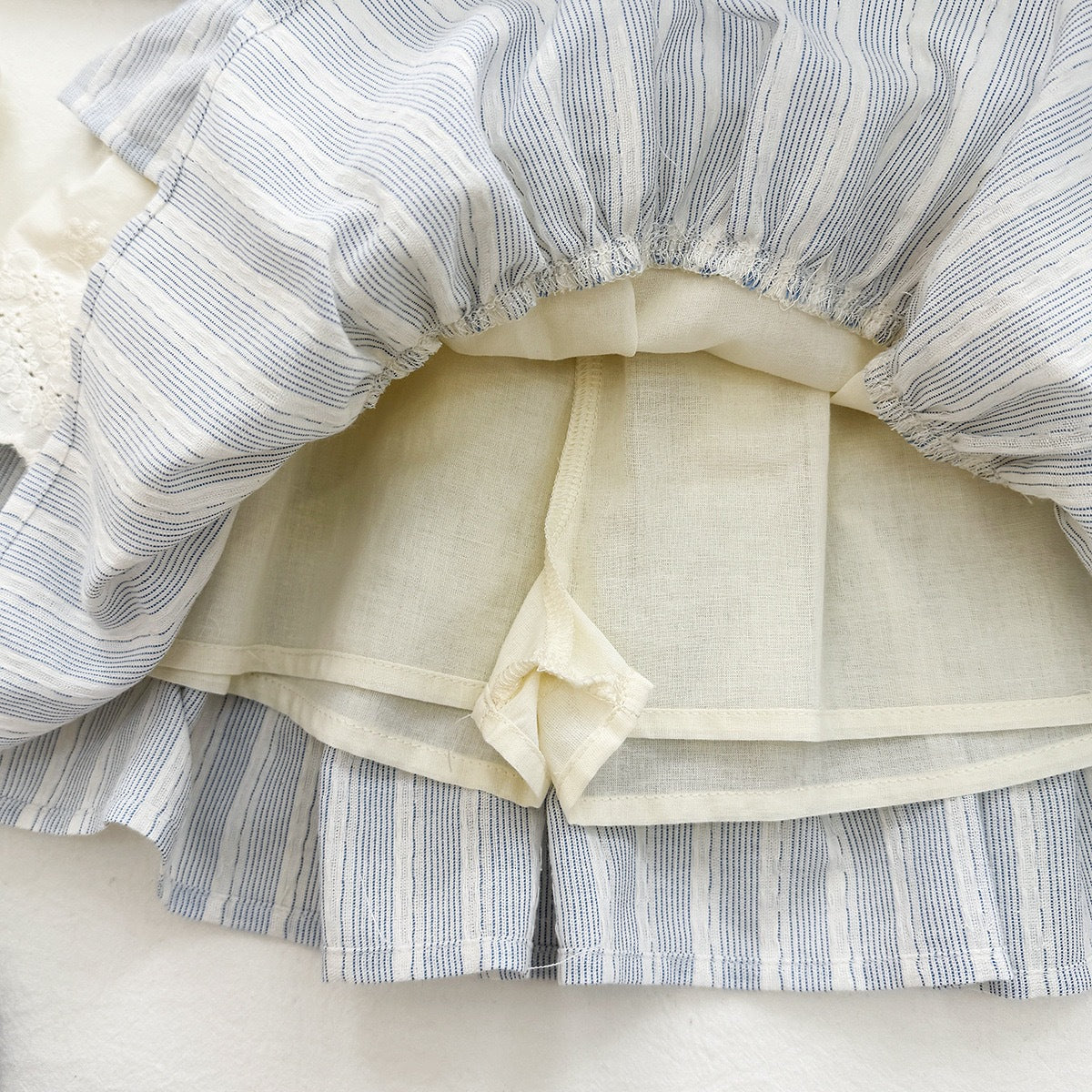 Cream Lace Patchwork Top with Blue Stripe Collar – TYM-YWL-059