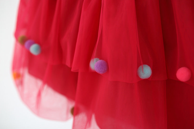 Red Pom-Pom Tiered Tulle Frock – TYM-TZO-010
