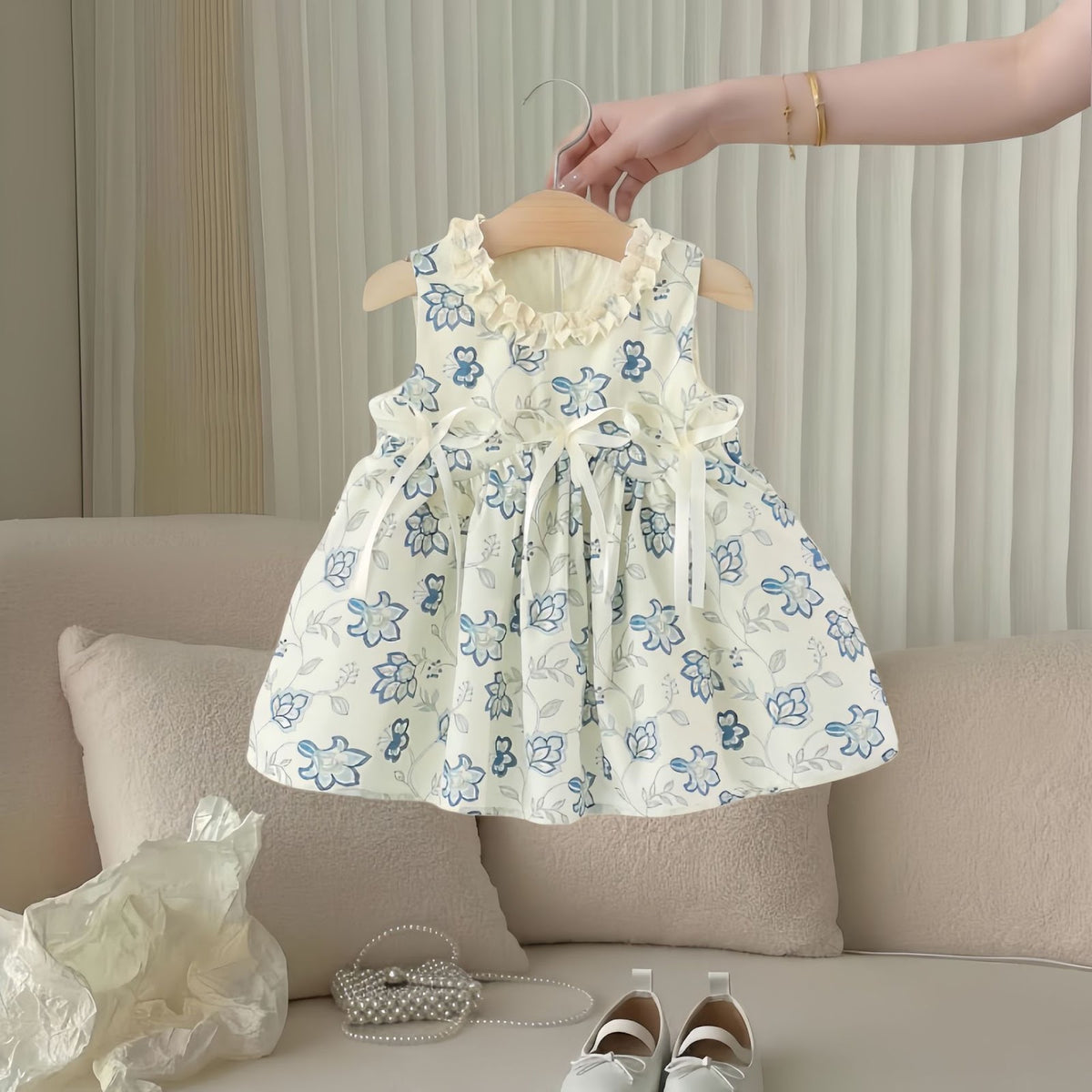 Cream Blue Floral Embroidered Sleeveless Frock – TYM-TZO-021