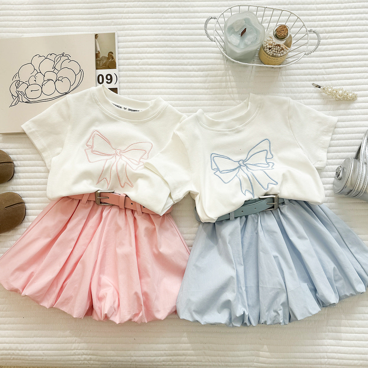White Tee and Pink Belted Bubble Skirt Set – TYM-YWL-014