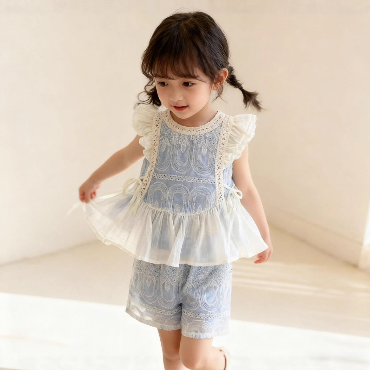 Blue Embroidered Frock with White Sheer Overlay – TYM-YWL-011