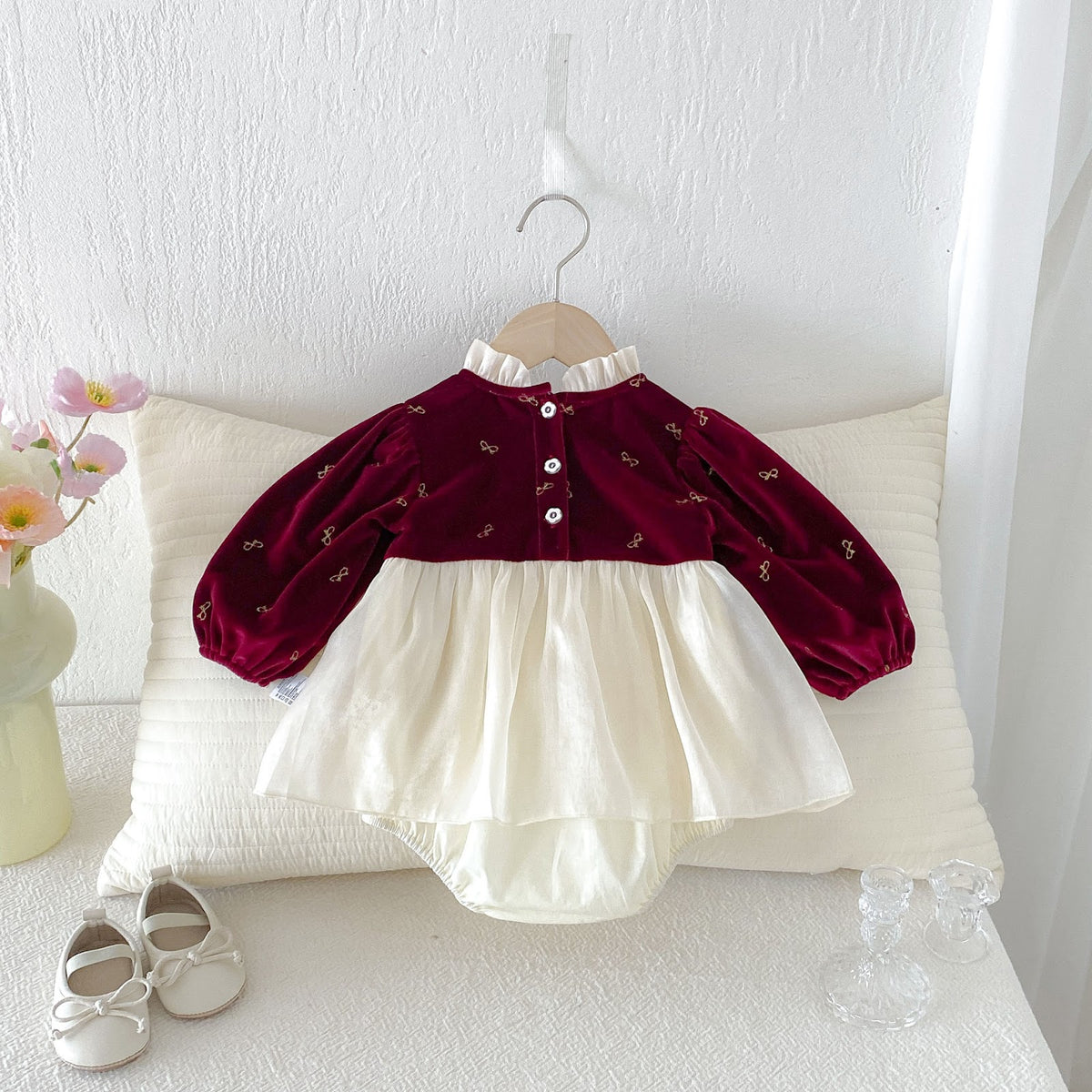 Wine Red Velvet Bow Print Skirted Romper – TYM-FCN-006