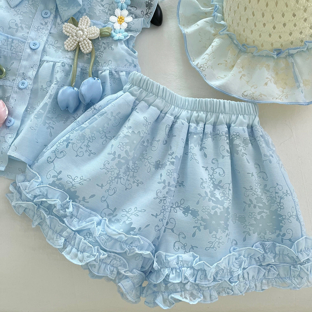 Sky Blue Floral Jacquard Top & Ruffle Shorts Set – TYM-WOP-001