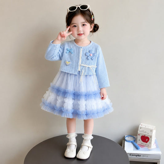 Sky Blue Patch Cardigan Ruffle Tulle Frock – TYM-CXM-090