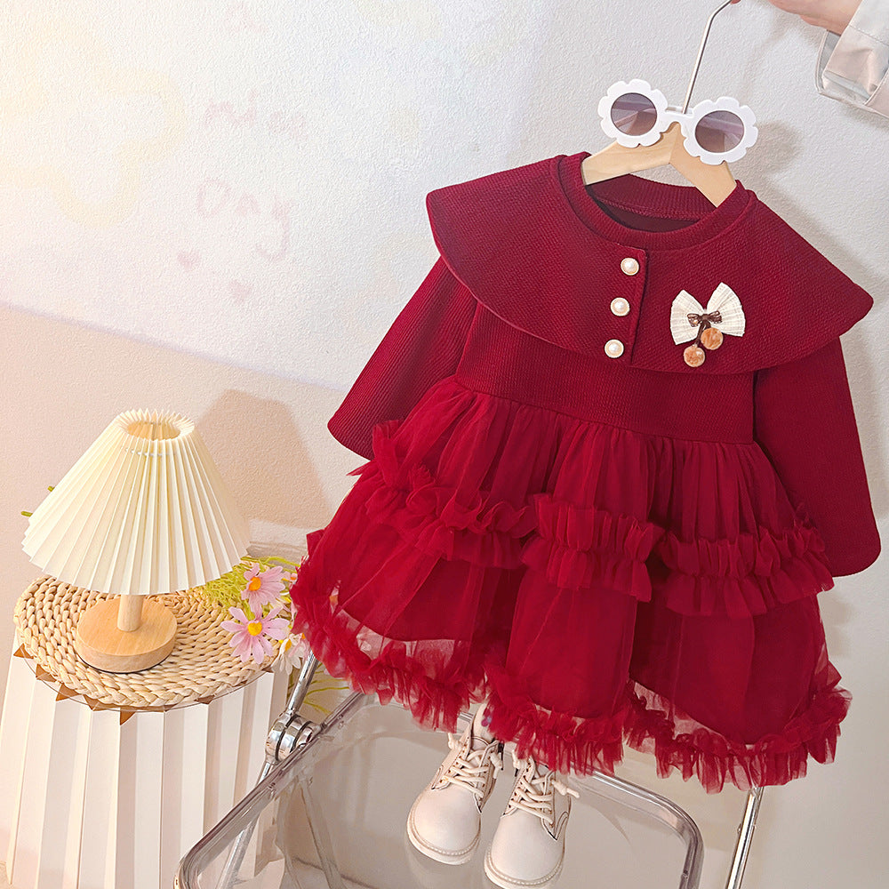 Wine Red Cape Collar Tulle Frock – TYM-CXM-035
