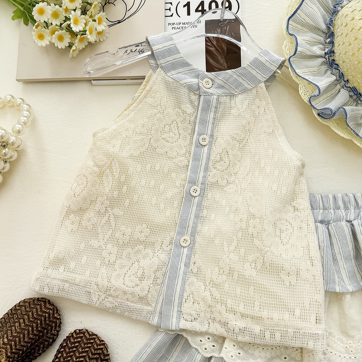 Cream Lace Patchwork Top with Blue Stripe Collar – TYM-YWL-059