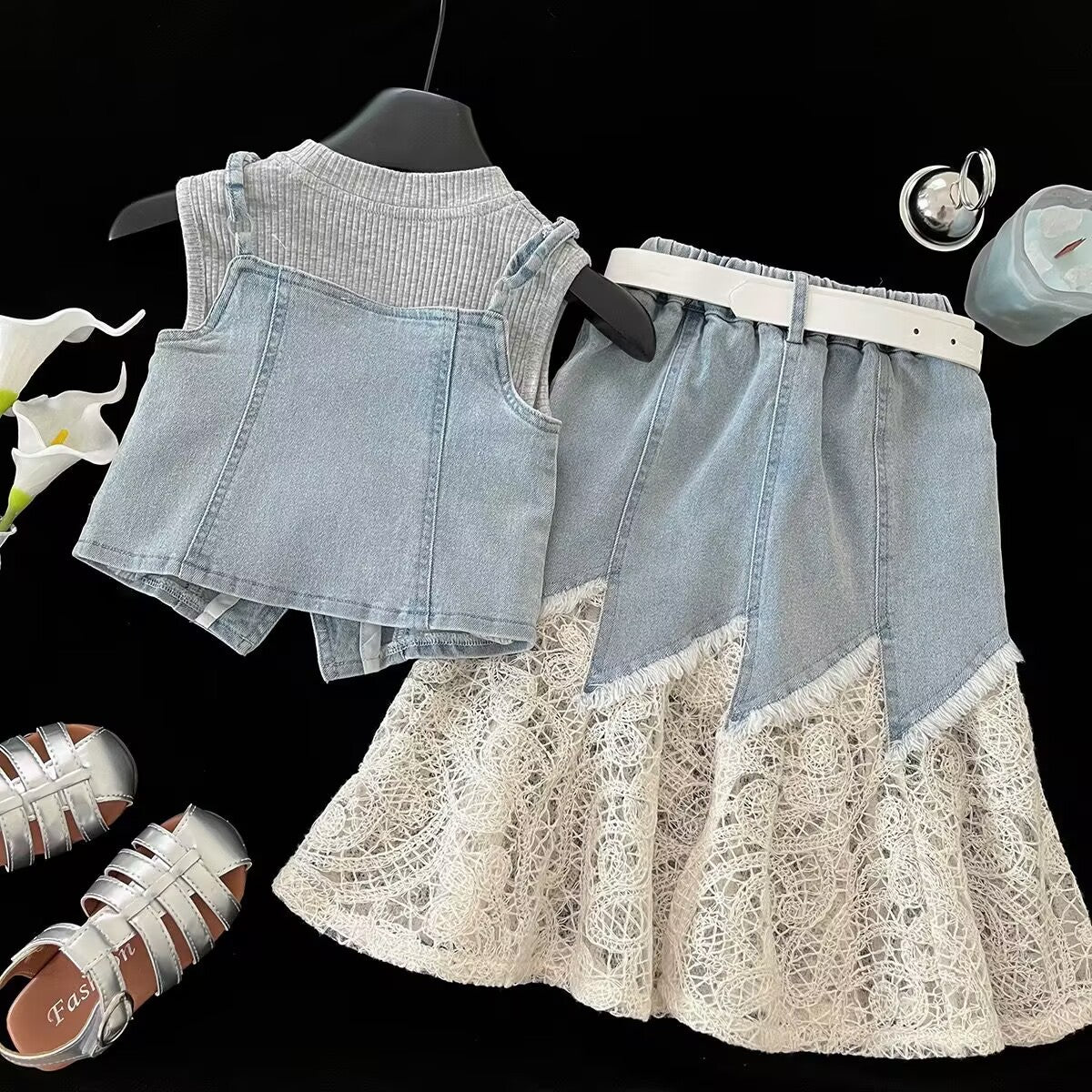 Grey Tank, Denim-Look Vest and Lace Skirt Set – TYM-YWL-029