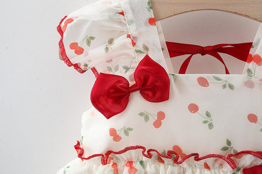 Cream Cherry Print Tiered Summer Frock – TYM-TZO-005