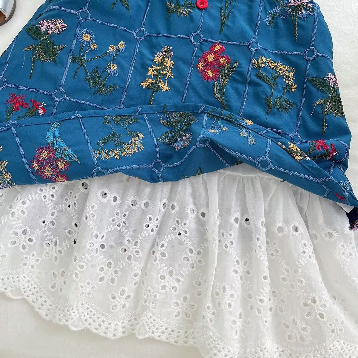 Blue Botanical Pinafore with White Eyelet Dress Set – TYM-YWL-060