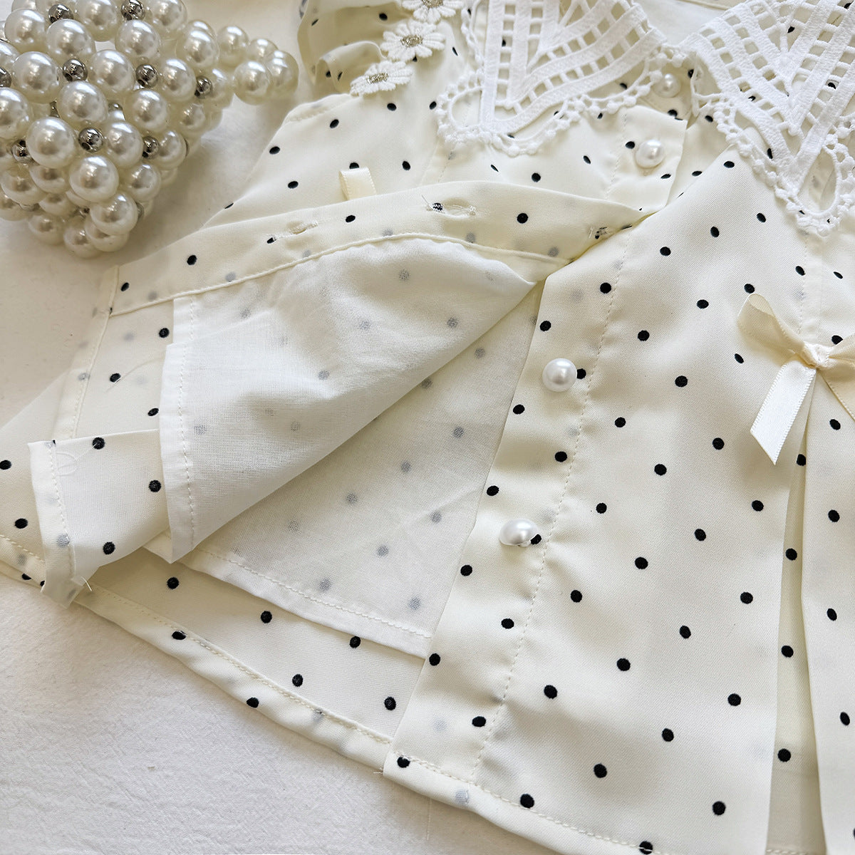 Cream Polka Dot Lace Collar Bow Flutter Frock – TYM-YWL-057