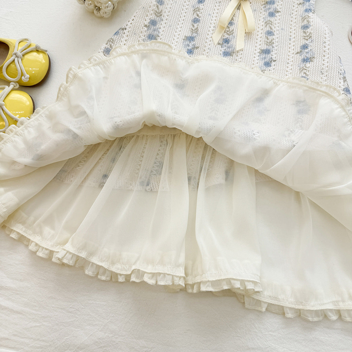 White and Blue Floral Lace Ribbon Bow Frock – TYM-YWL-058