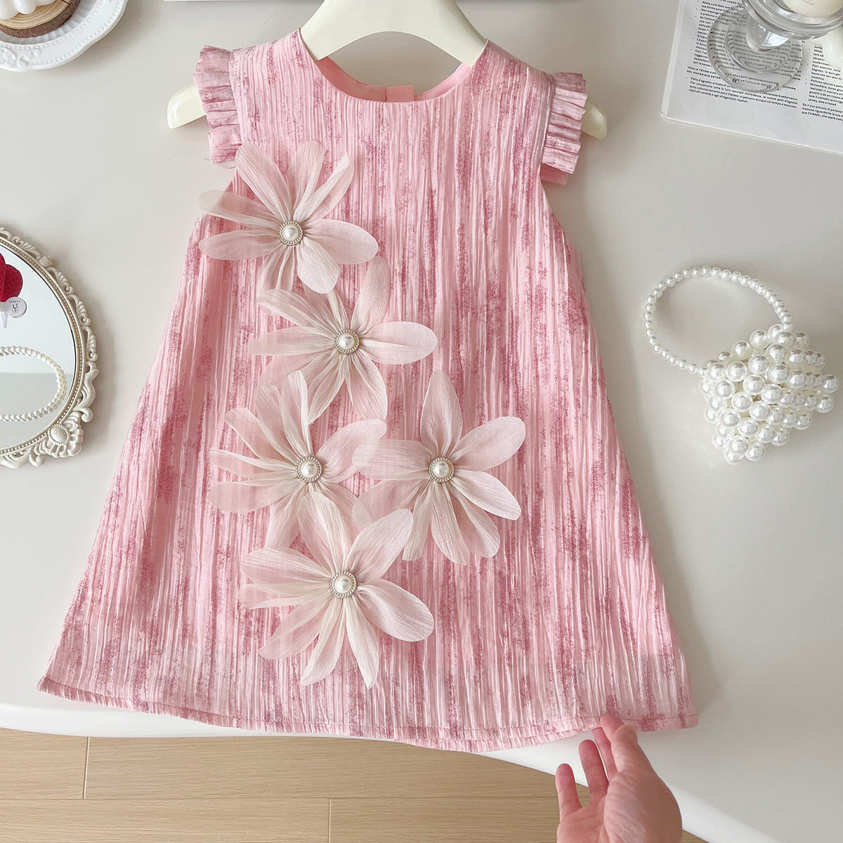 Pink Pleated 3D Pearl Flower A-Line Dress – TYM-YWL-045
