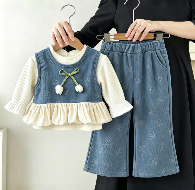 Dusty Blue Bow Vest & Flared Pants Set – TYM-CXM-034
