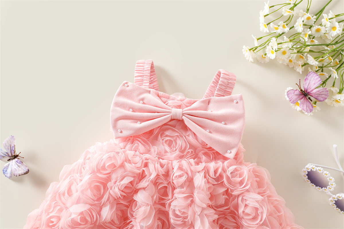 Pink 3D Rosette Pearl Bow Party Frock – TYM-WZX-032