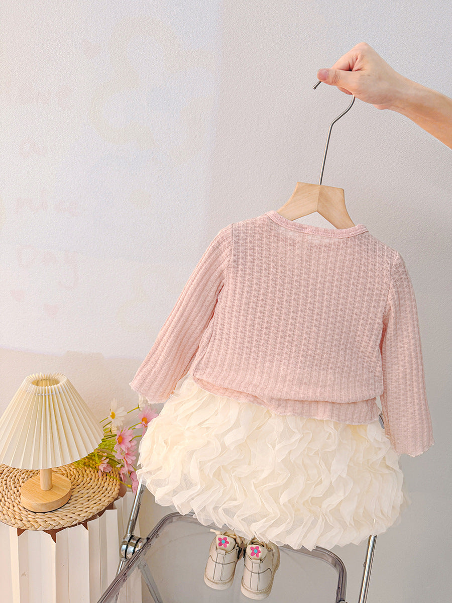 Pink Cardigan & Cream Ruffle Tulle Frock – TYM-CXM-055