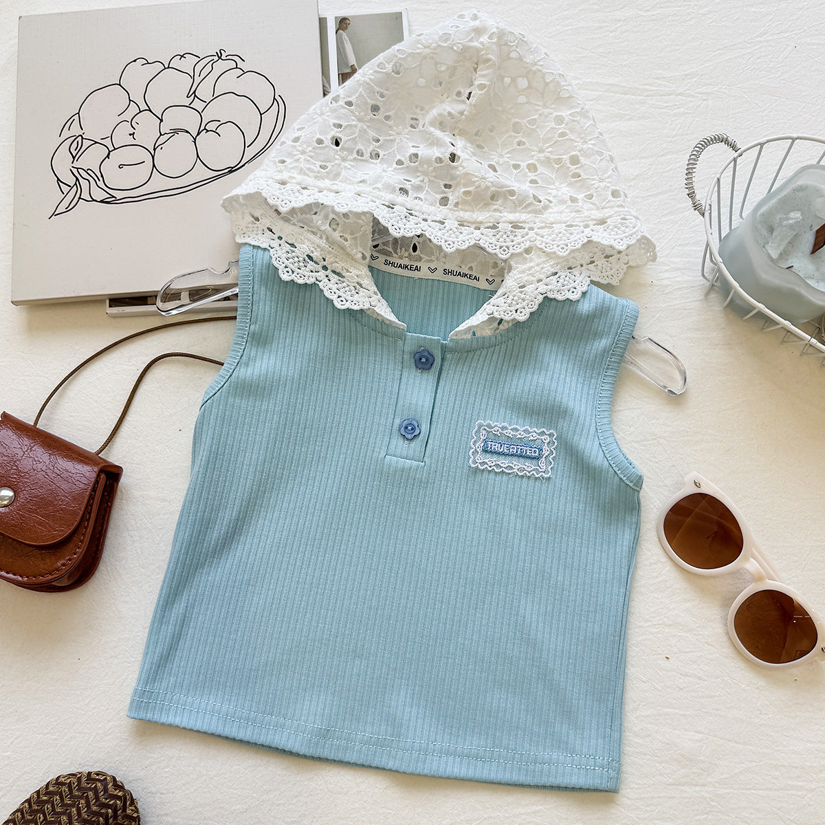 Aqua Blue Ribbed Top with Eyelet Lace Hood – TYM-YWL-013
