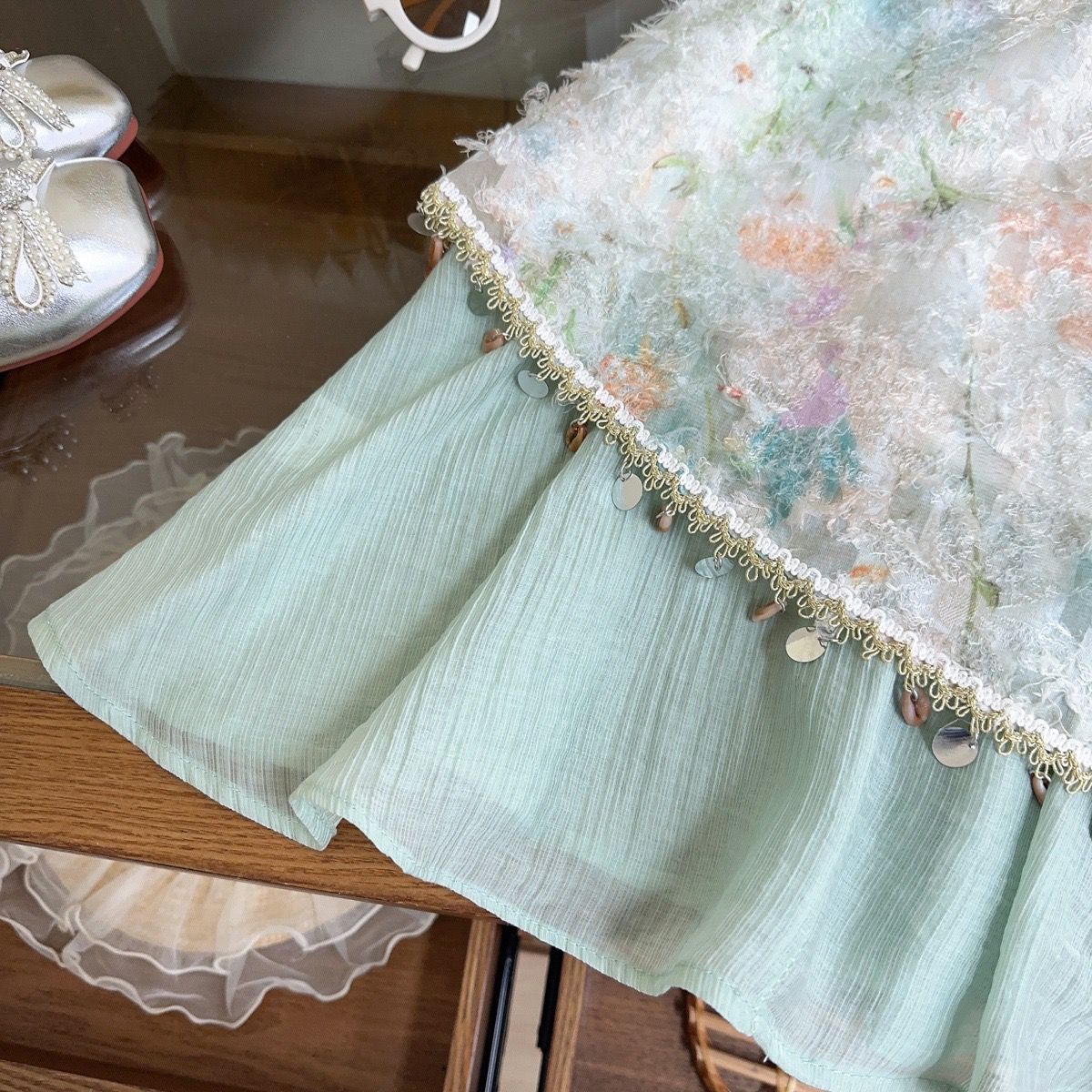 Mint Pastel Floral Textured Shell Trim Frock – TYM-YWL-061