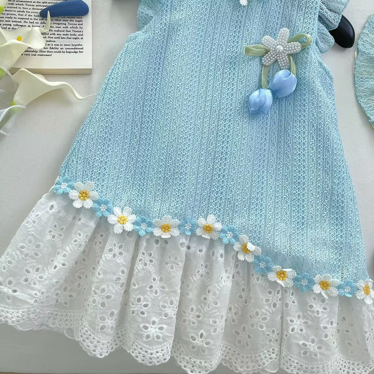 Sky Blue Daisy Trim Eyelet Hem Frock – TYM-YWL-037