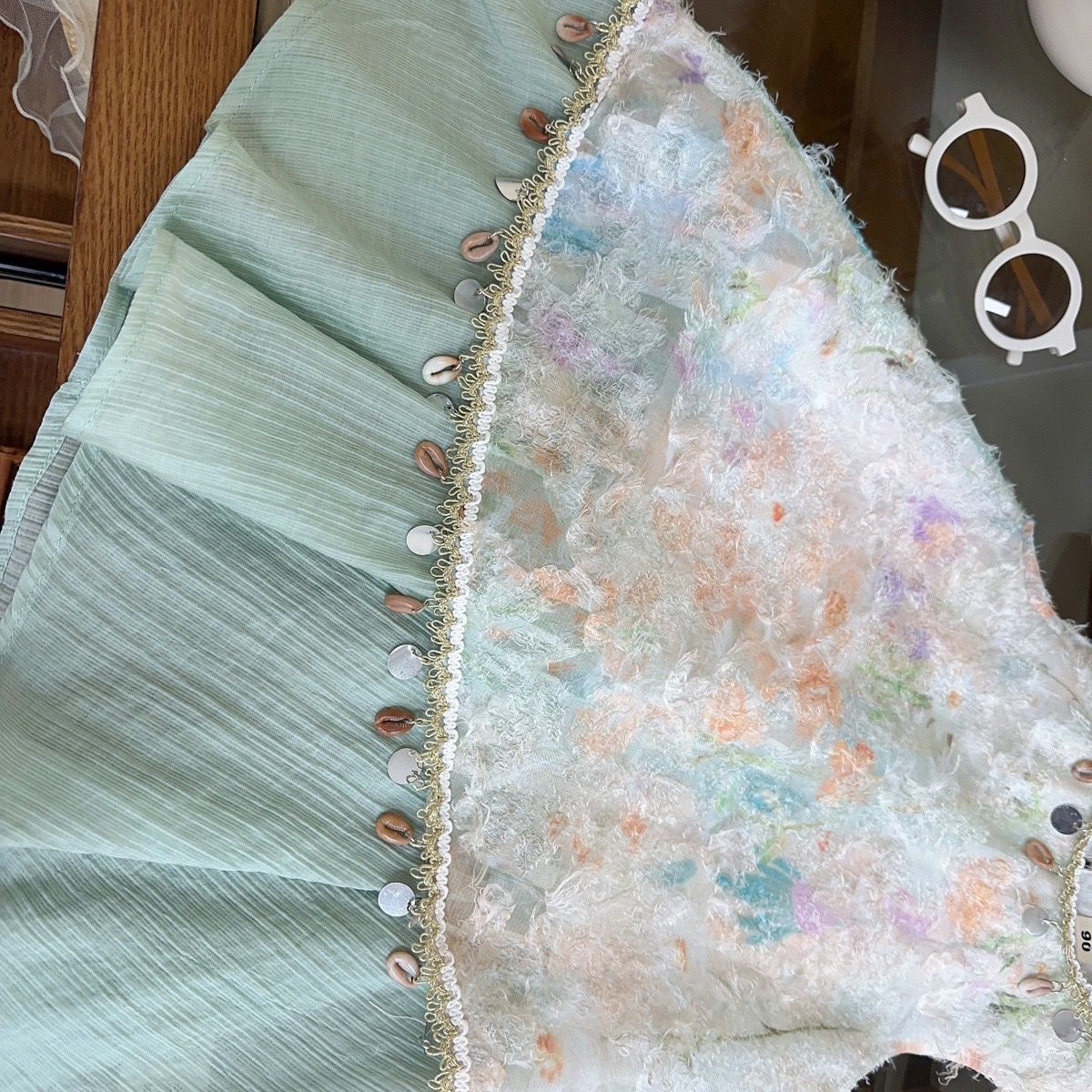 Mint Pastel Floral Textured Shell Trim Frock – TYM-YWL-061