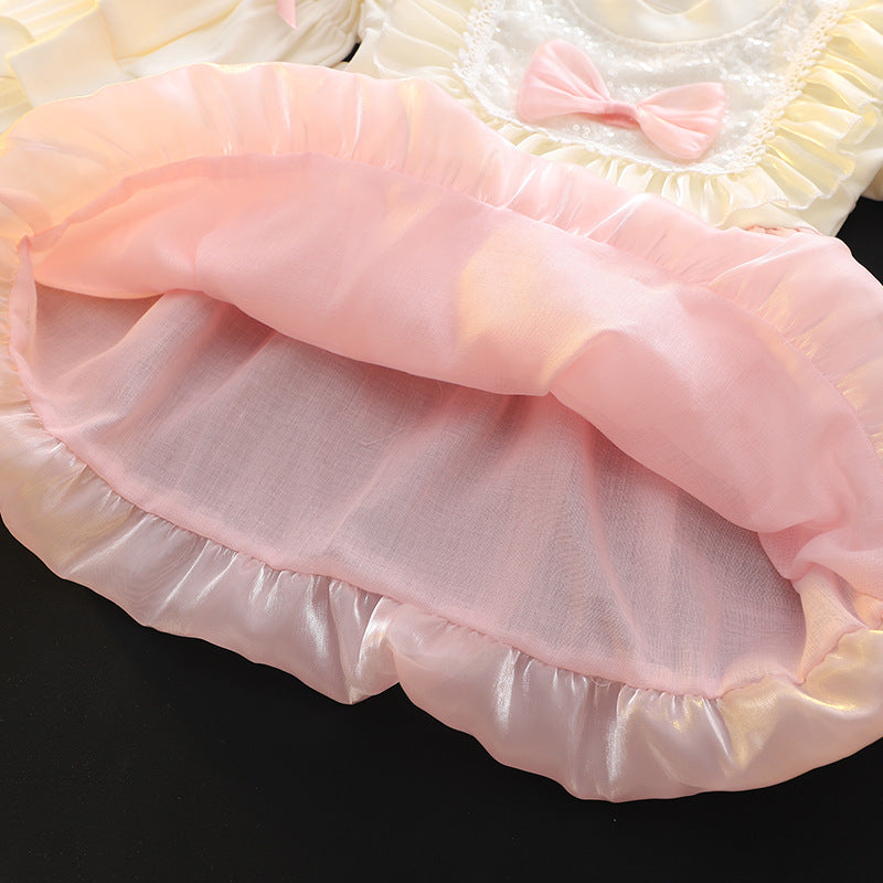 Cream & Pink Lace Bib Shimmer Frock – TYM-CXM-091