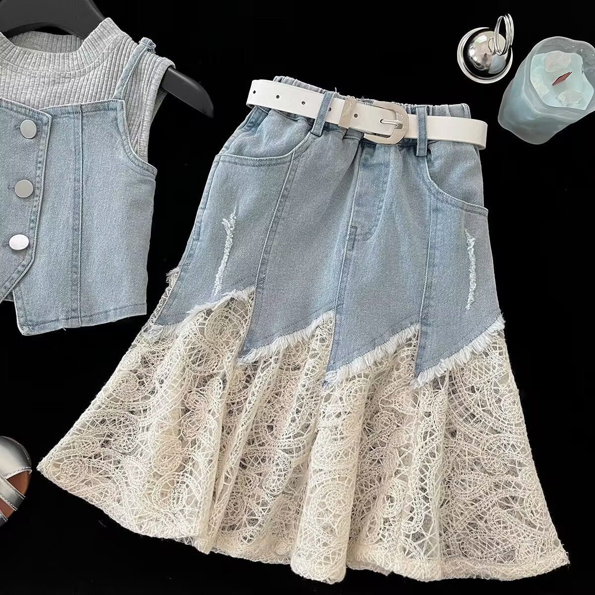 Grey Tank, Denim-Look Vest and Lace Skirt Set – TYM-YWL-029