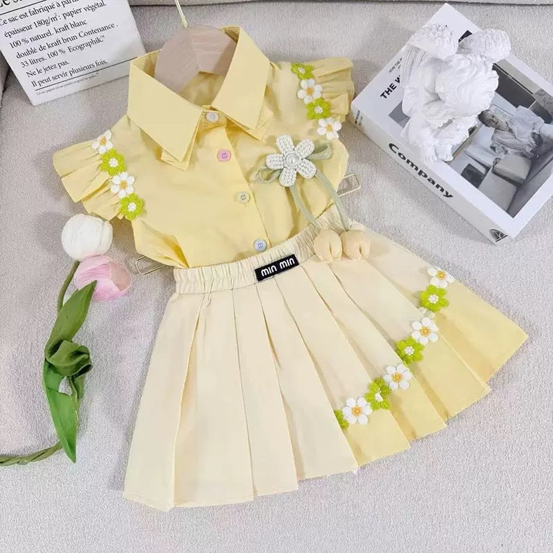 Lemon Yellow Daisy Trim Shirt and Pleated Skirt Set – TYM-YWL-044