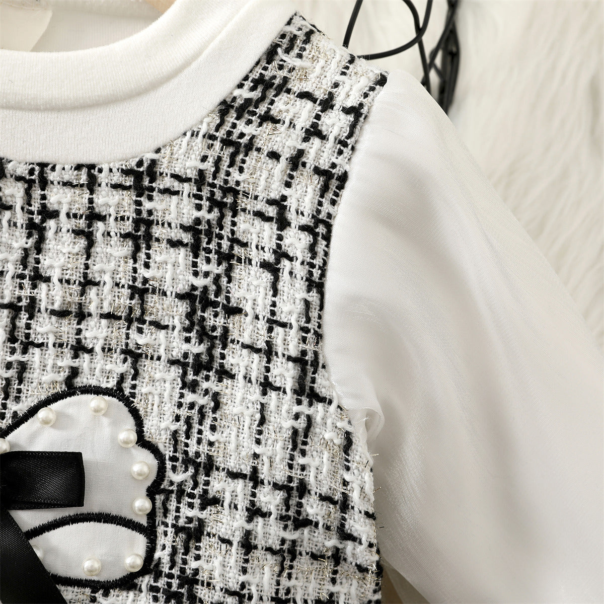 White Tweed Pearl Bow Long Sleeve Frock – TYM-WZX-047