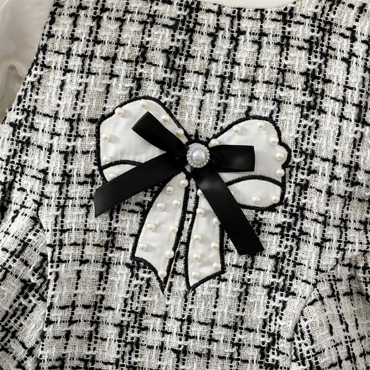 White Tweed Pearl Bow Long Sleeve Frock – TYM-WZX-047
