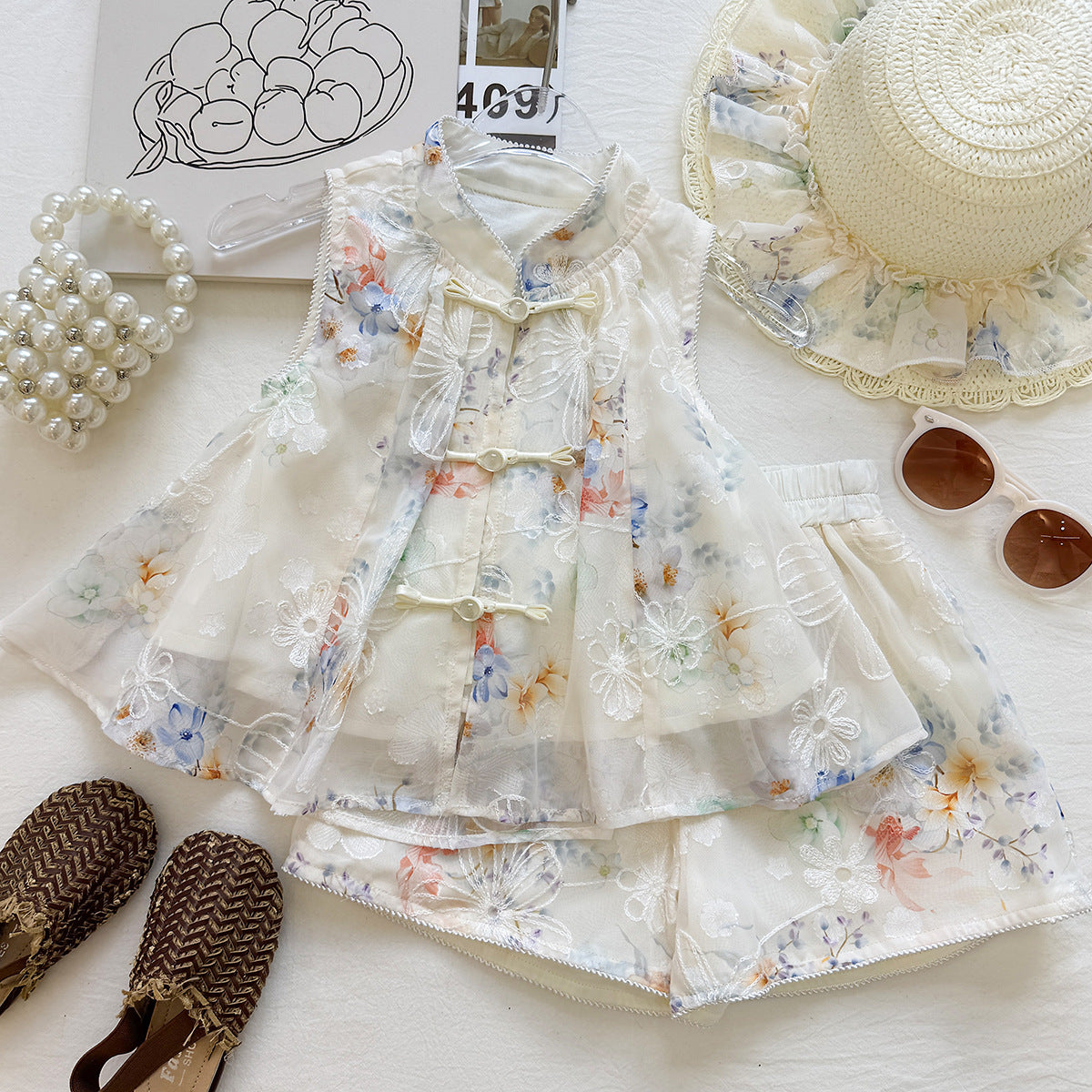 Cream Watercolour Floral Mandarin Frog Button Top – TYM-YWL-050