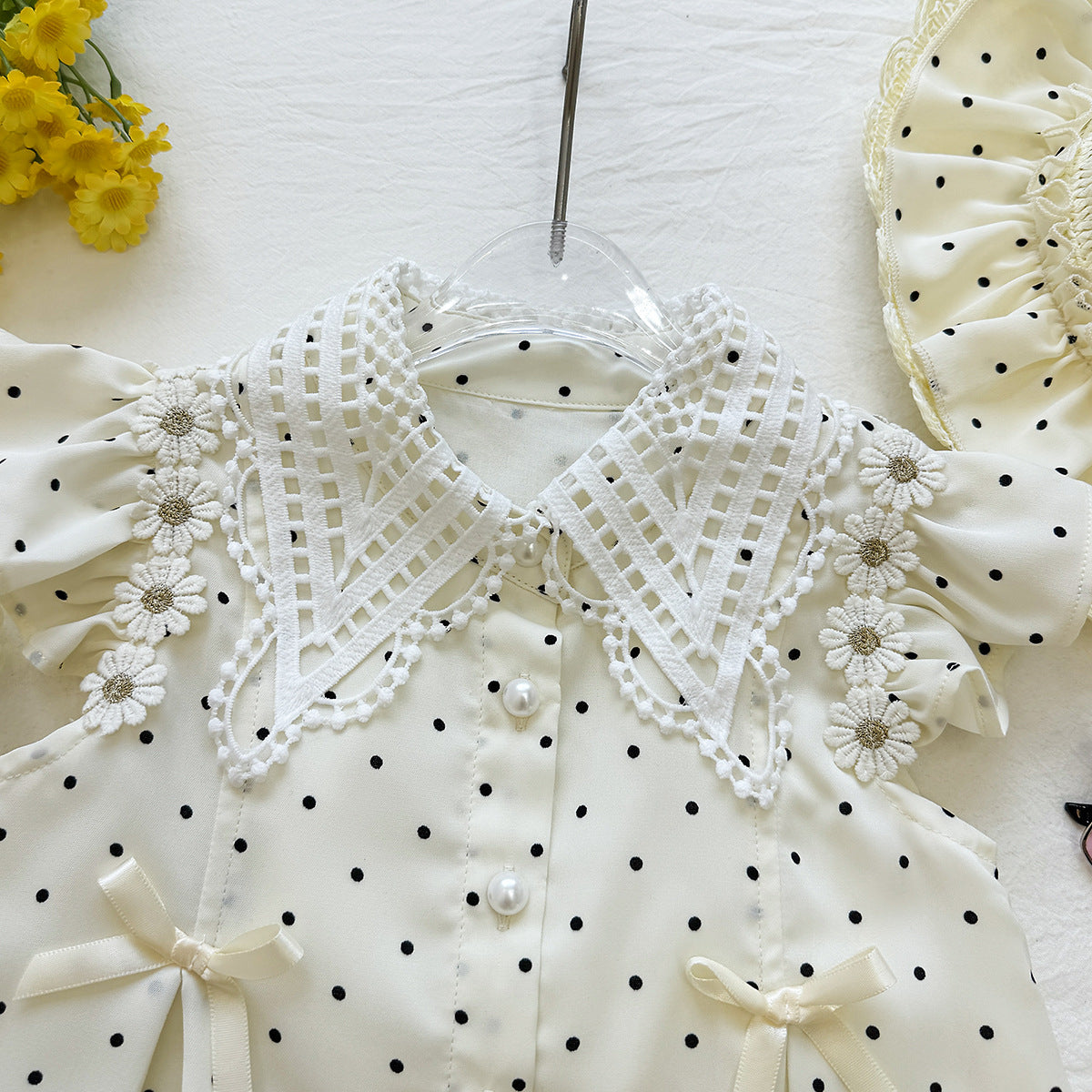 Cream Polka Dot Lace Collar Bow Flutter Frock – TYM-YWL-057