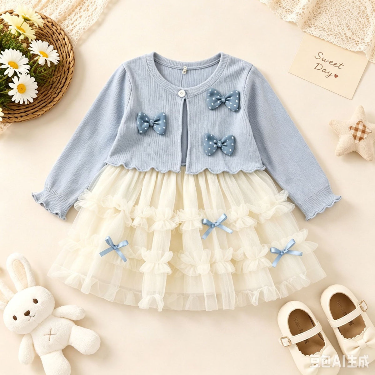 Powder Blue Bow Cardigan Tulle Frock – TYM-CXM-038