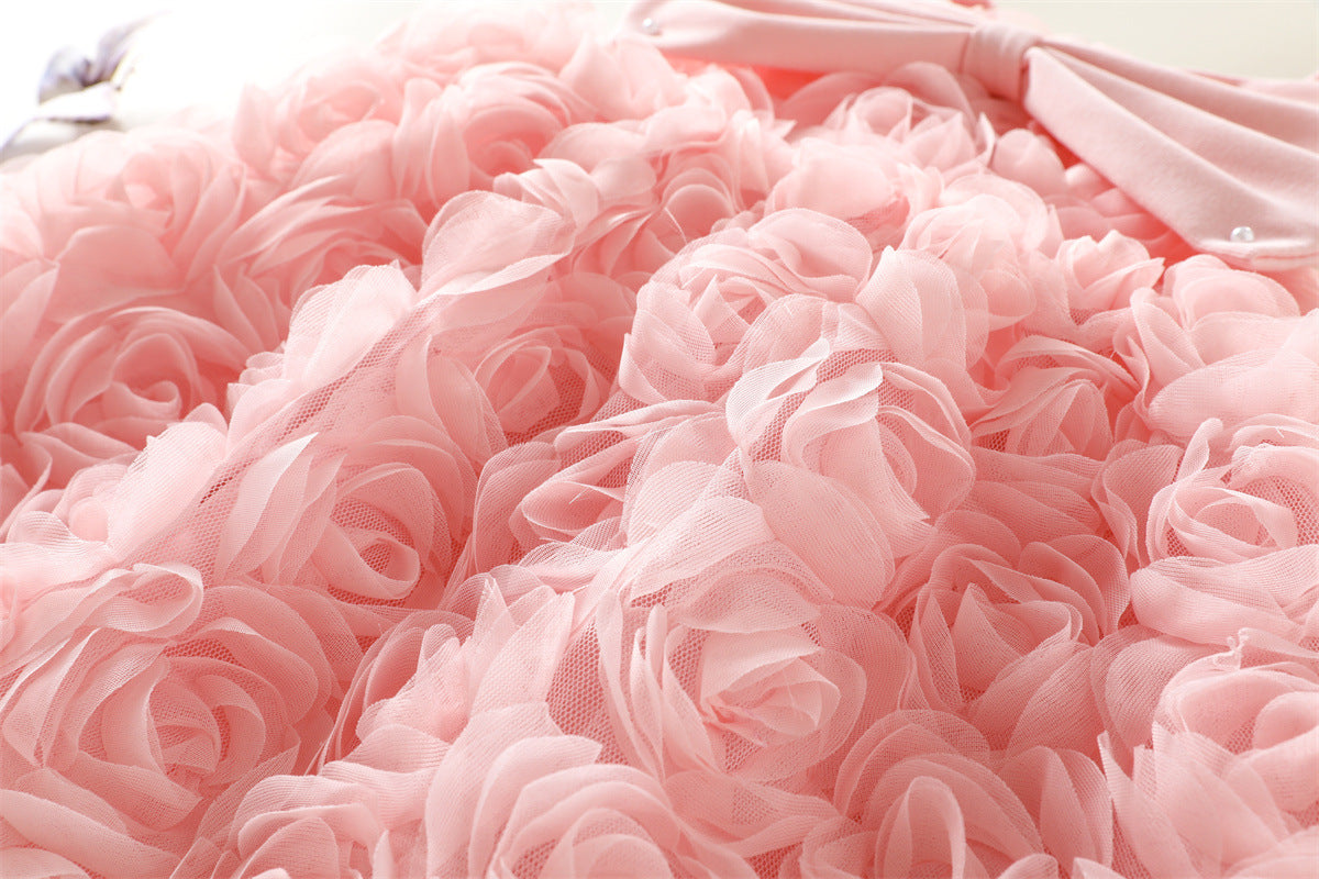 Pink 3D Rosette Pearl Bow Party Frock – TYM-WZX-032