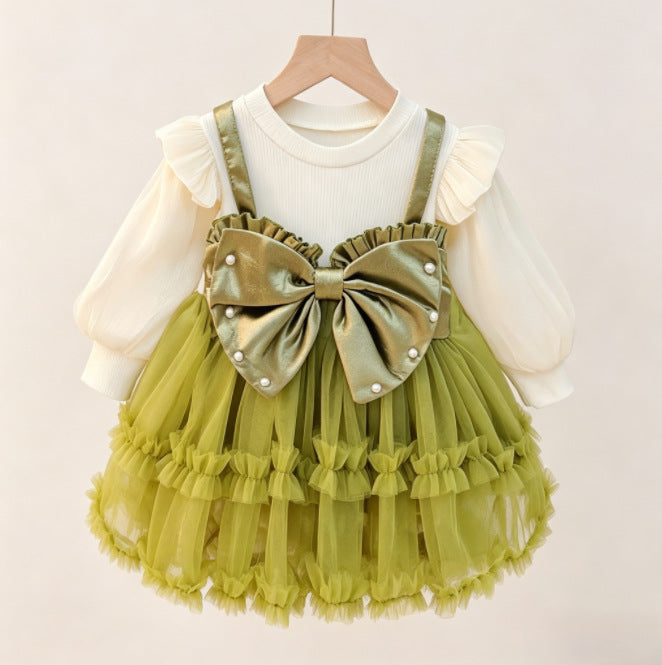 Olive Green Satin Bow Tulle Frock – TYM-CXM-046