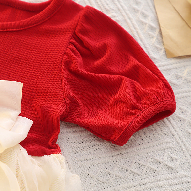 Red Ribbed Puff Sleeve Frock – TYM-CXM-022