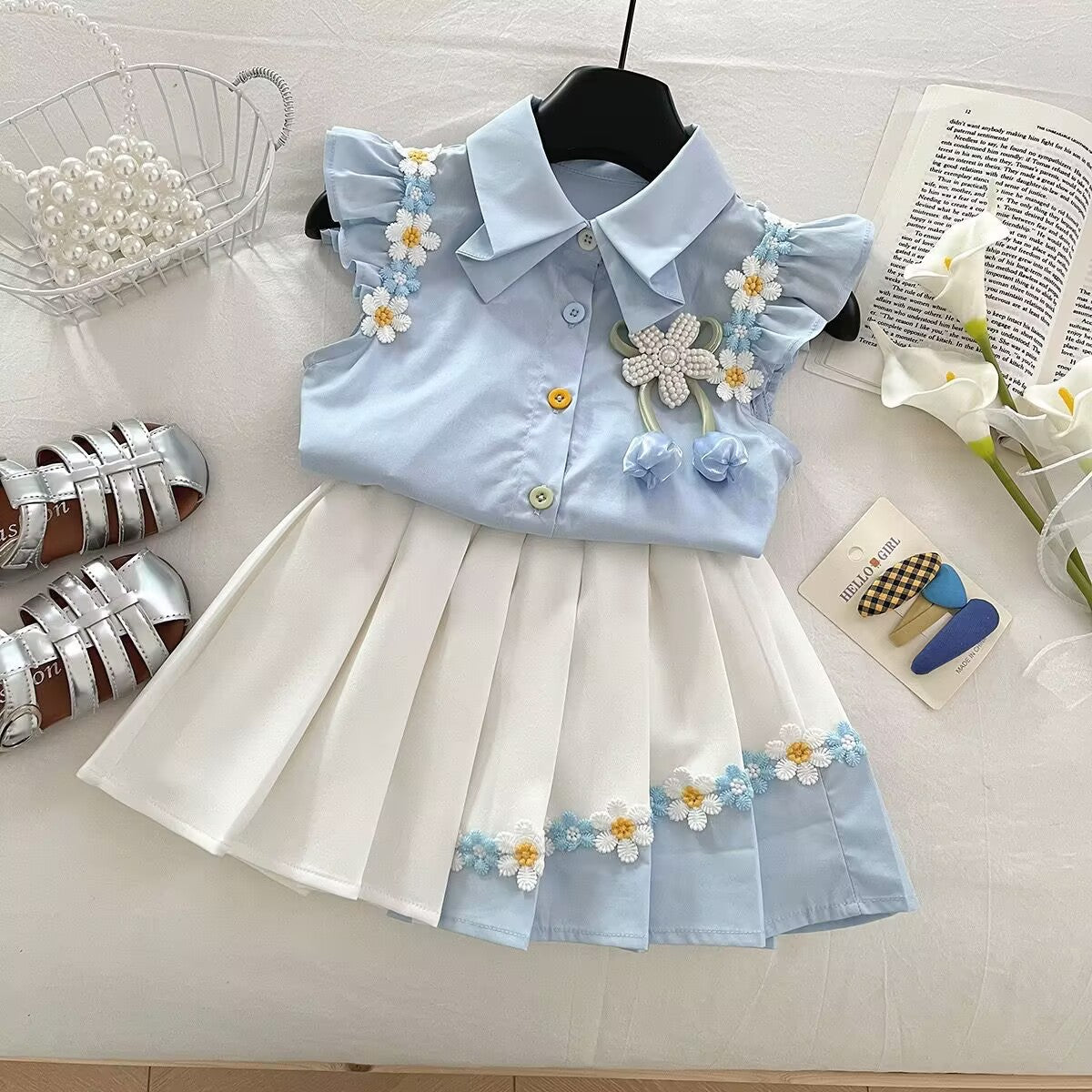 Blue Daisy Trim Shirt and Pleated Skirt Set – TYM-YWL-031