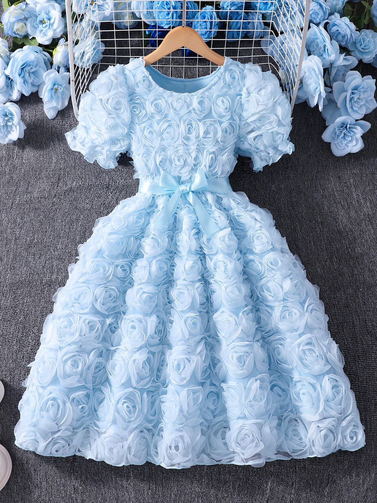 Sky Blue Rosette Puff Sleeve Party Frock – TYM-SZL-005