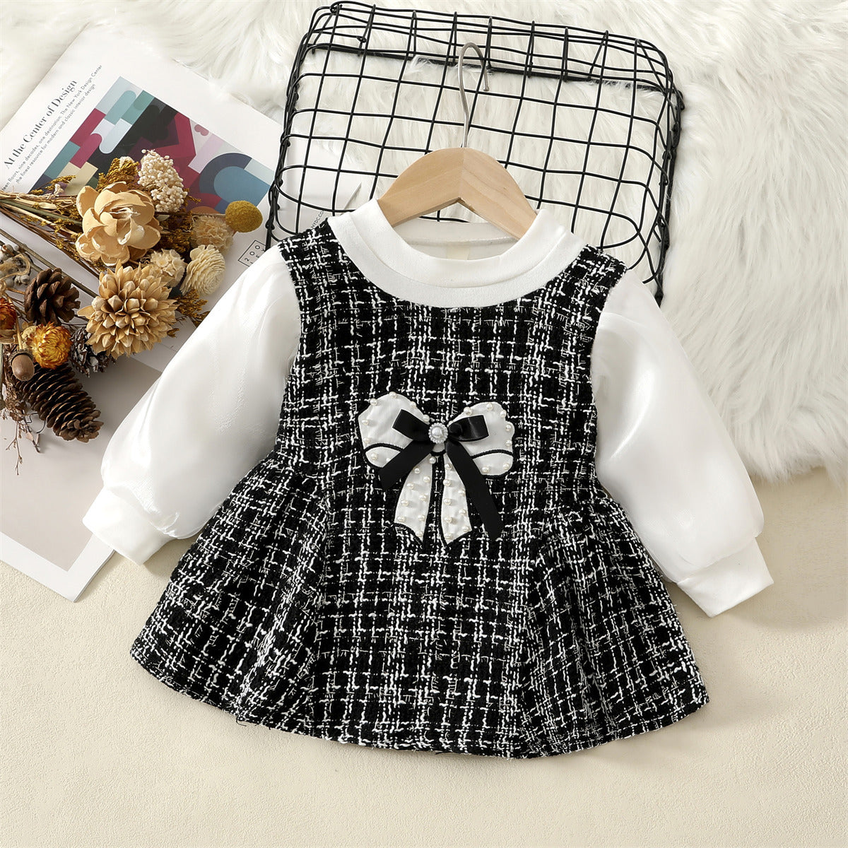 Black Tweed Pearl Bow Long Sleeve Frock – TYM-WZX-046
