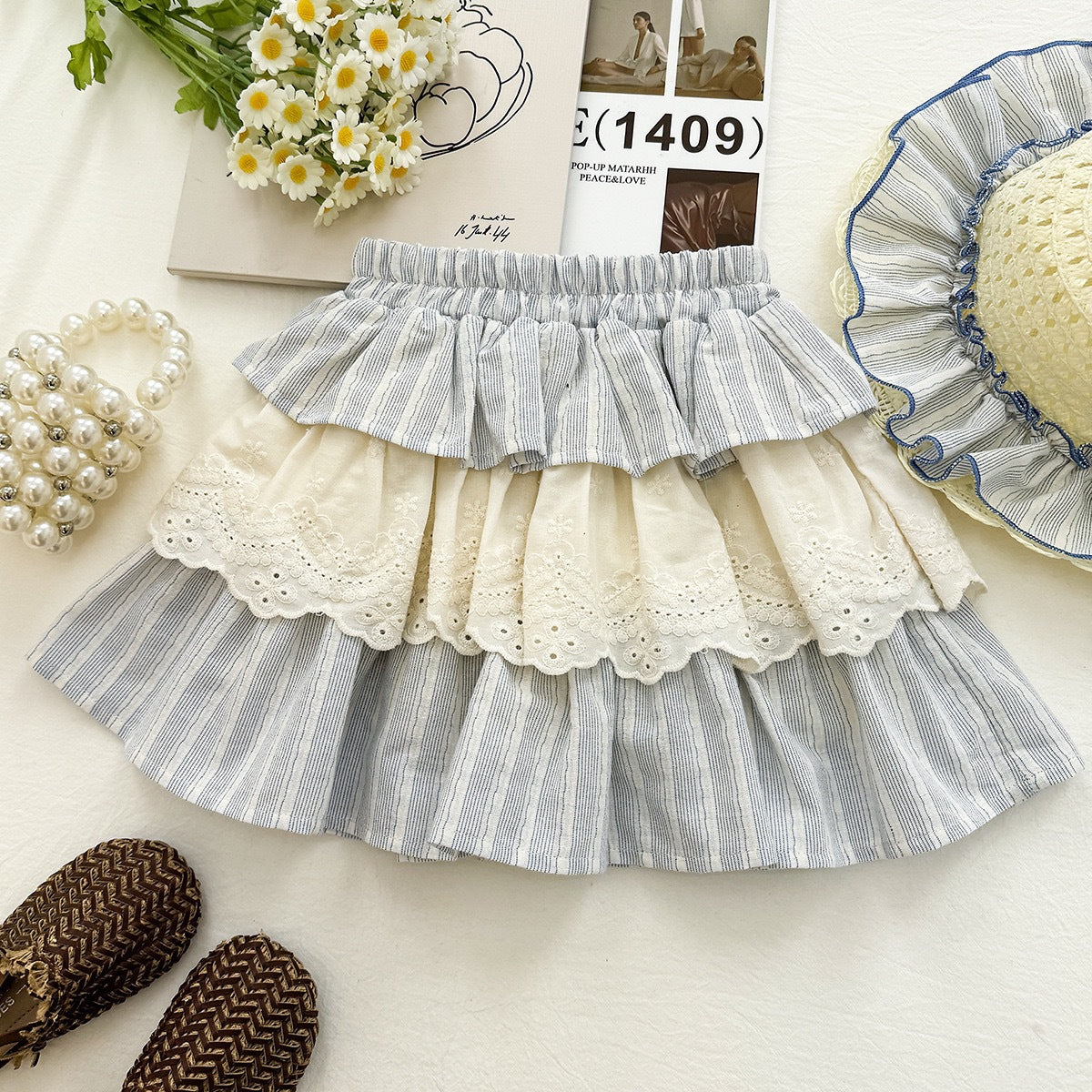 Cream Lace Patchwork Top with Blue Stripe Collar – TYM-YWL-059