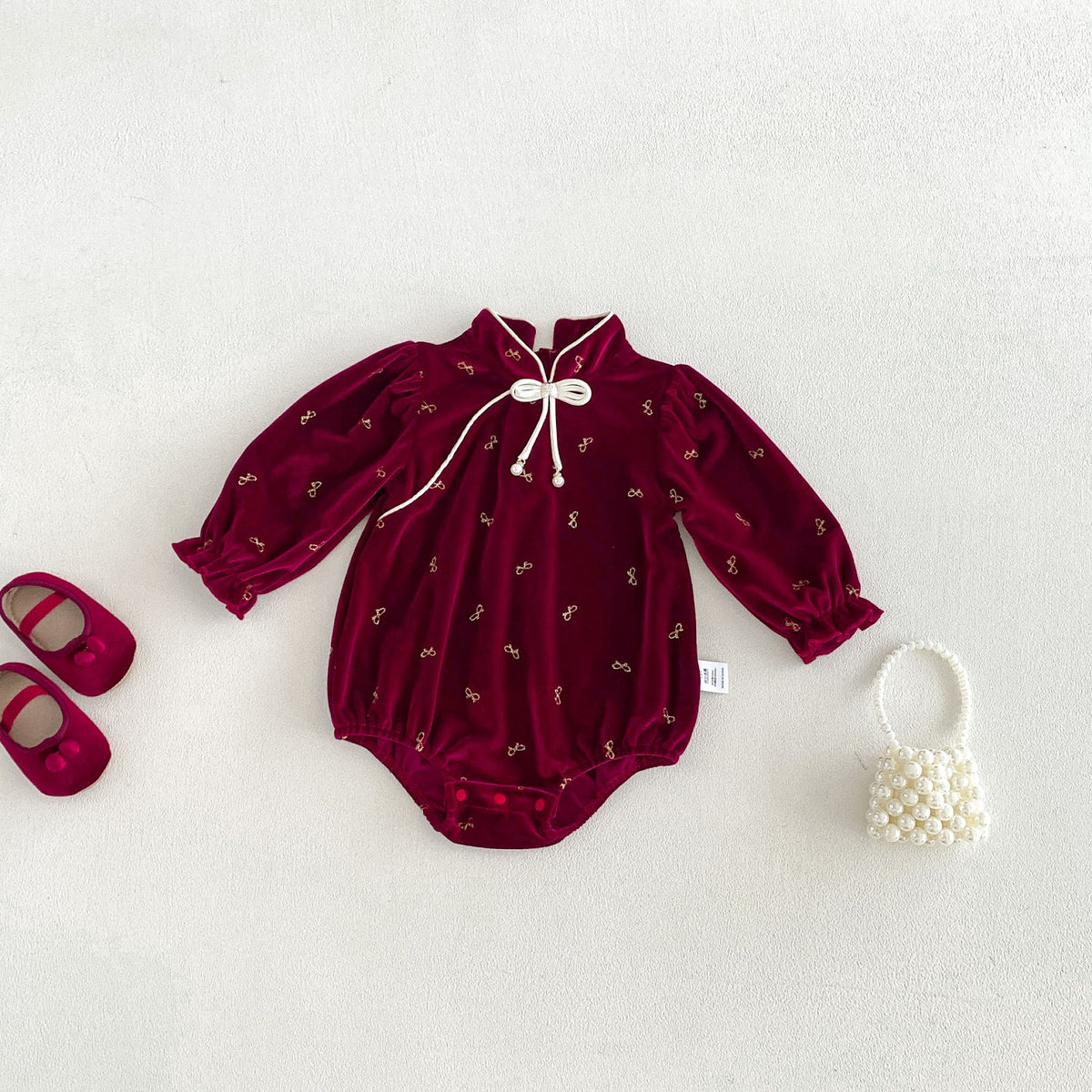 Wine Red Velvet Mandarin Collar Bubble Romper – TYM-FCN-011