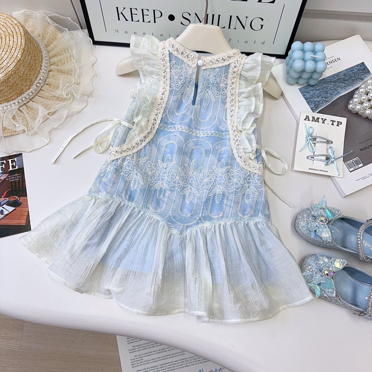 Blue Embroidered Dress with White Sheer Overlay – TYM-YWL-035