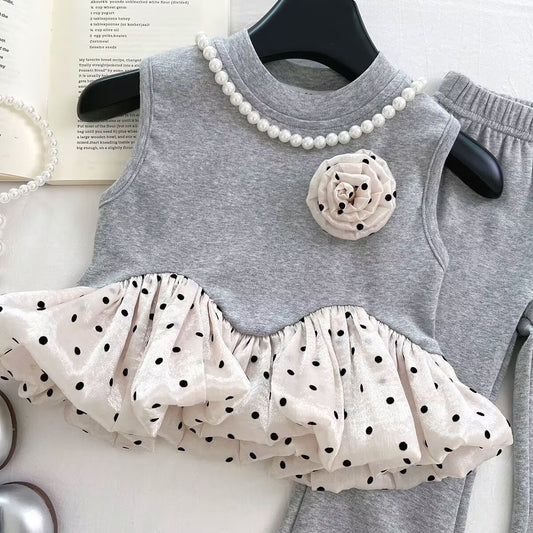 Grey Polka Dot Ruffle Top and Flared Pants Set – TYM-YWL-023