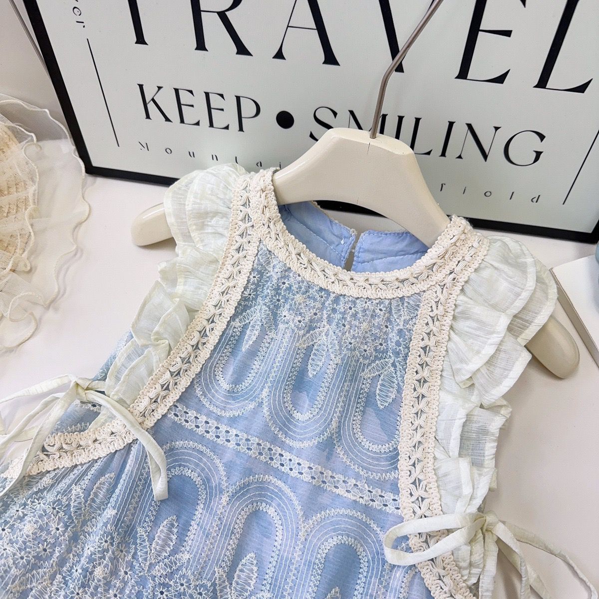 Blue Embroidered Dress with White Sheer Overlay – TYM-YWL-035