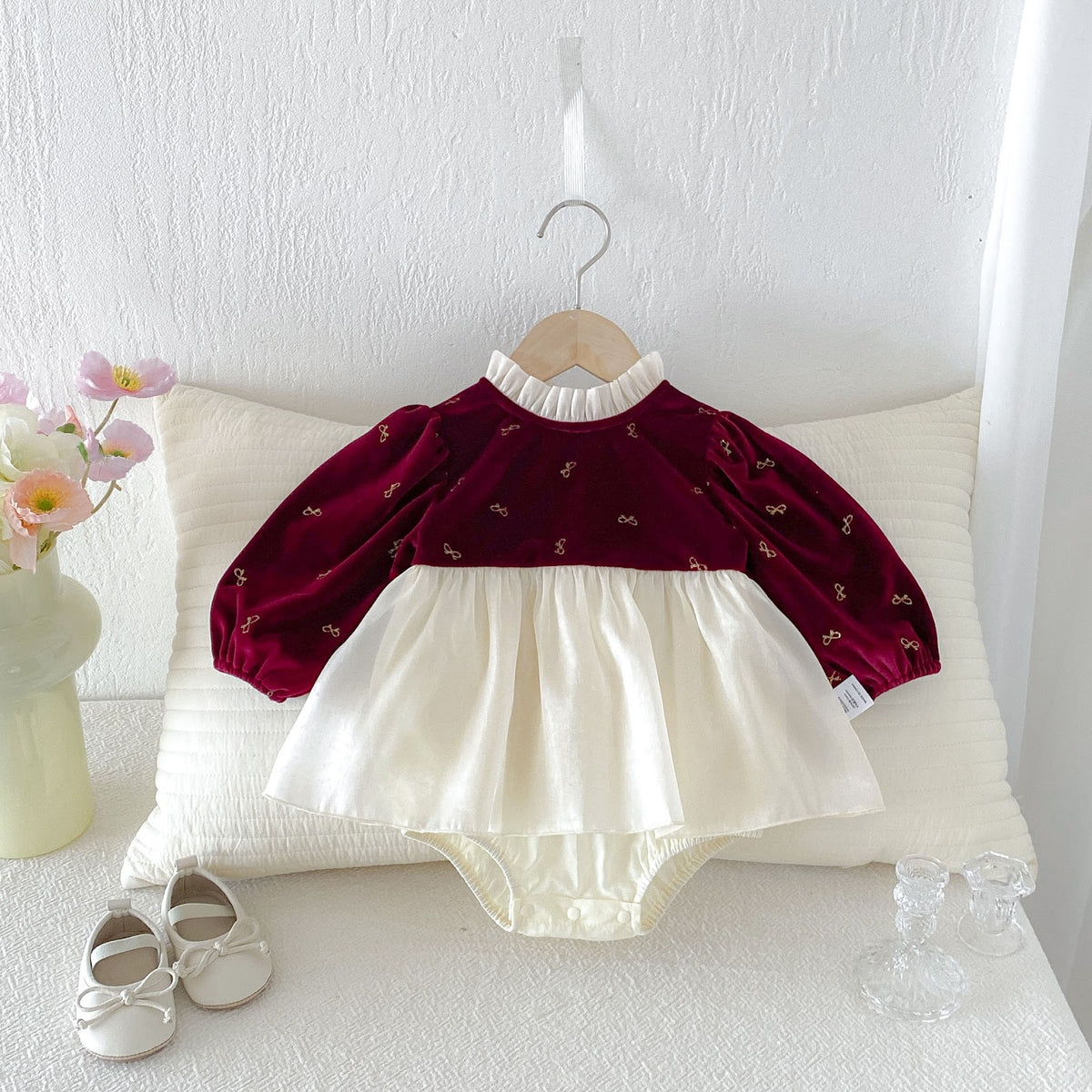 Wine Red Velvet Bow Print Skirted Romper – TYM-FCN-006