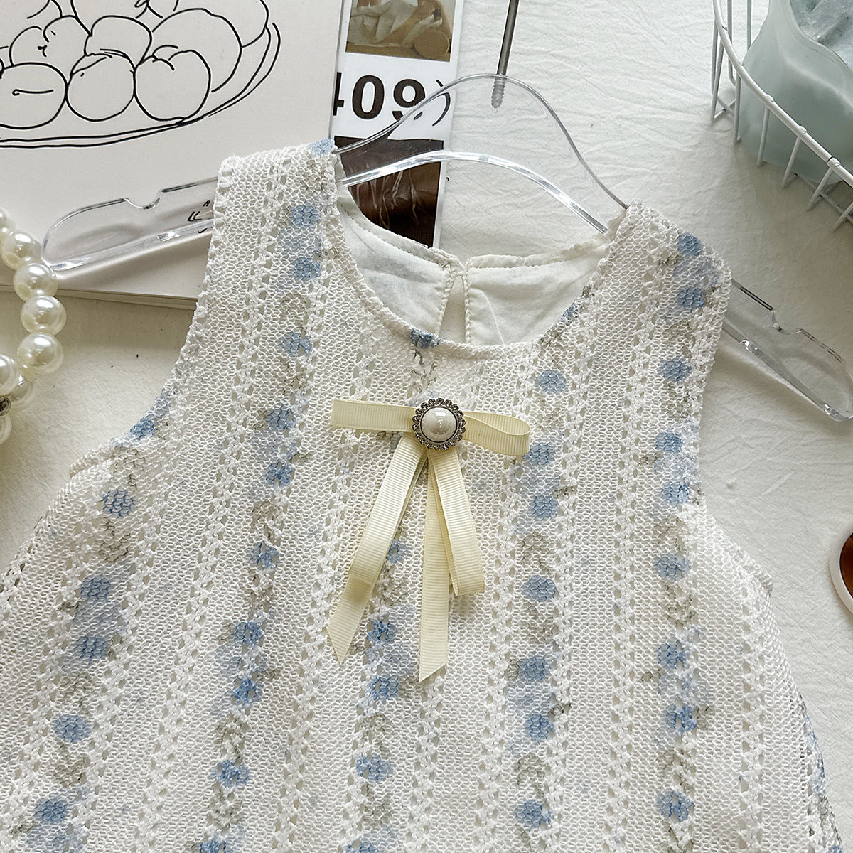 White and Blue Floral Lace Ribbon Bow Frock – TYM-YWL-058